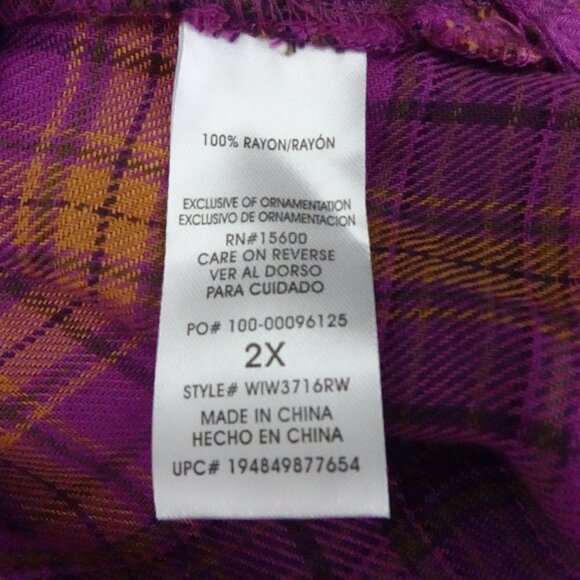 Democracy Ruffle Neck Shirt Blouse Plus Women's Plus Size 2X Purple Plaid - Picture 8 of 9